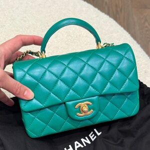 CHANEL Emerald Quilted Top Handle Mini Bag with aged Gold Hardware